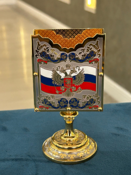 Визитница настольная "Герб РФ", никель, золото, эмаль