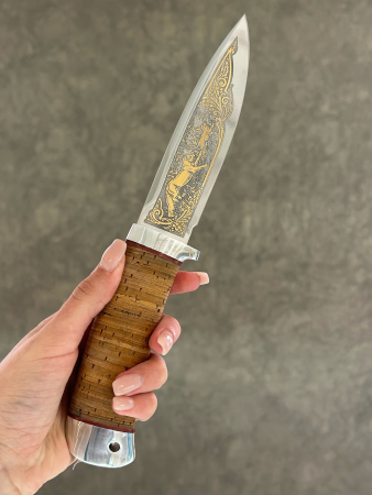 Нож "Фокс-1", ст. 95Х18, береста, алюминий, позолота